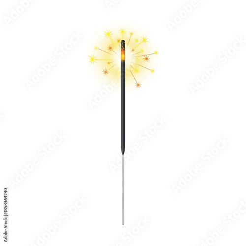 A single lit sparkler emitting bright golden sparks against a clean white background, perfect for celebrations and festive occasions.
