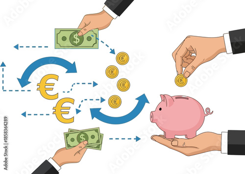 Hands exchanging money and coins with euro symbol
