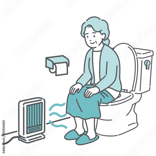 トイレのヒートショック対策・足元ヒーターで暖まる高齢女性