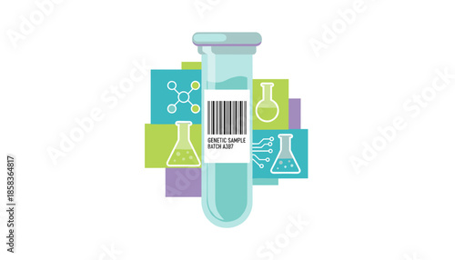 Genetic sample tube with barcode surrounded by laboratory icons biotechnology and analysis concept