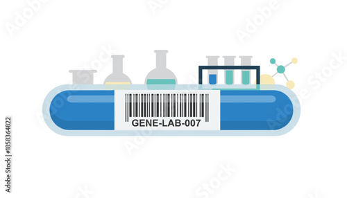 Horizontal genetic laboratory tube with barcode and lab equipment biotechnology research concept