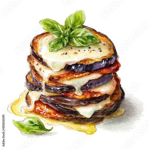 Eggplant Parmesan watercolor vector, hand-painted style, high-quality illustration isolated on white background.