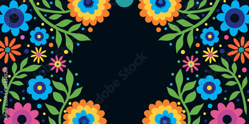 Colorful floral arrangement with vibrant blooms and lush green foliage on black