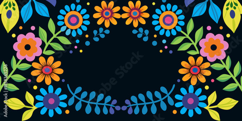 Colorful floral arrangement with vibrant blossoms and decorative leaves on a dark background