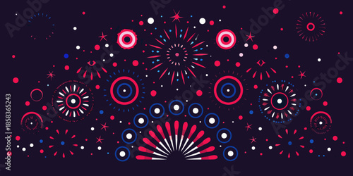 Festive display of vibrant fireworks in red white and blue shades