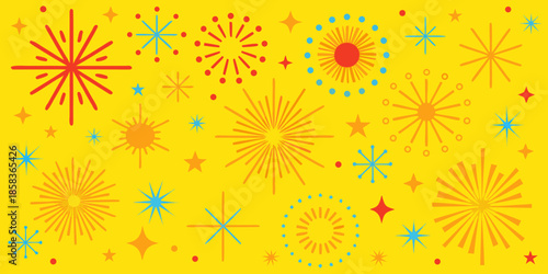 A vibrant and colorful pattern of stylized fireworks on a yellow background