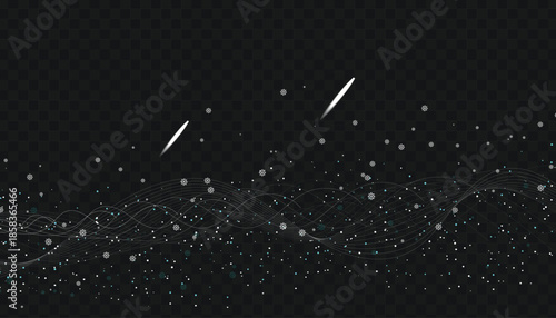 Snowflakes design and dark background with scattered white specks and bright streaks of light