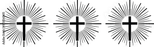 Radiant cross icons, Christian symbols, sunburst faith design, religious light motif, black and white – flat vector illustration