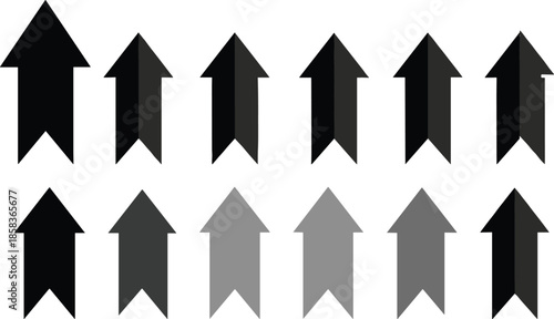 Upward arrow icons, direction symbols, navigation pointers, black and gray styles, UI elements, progress indicators – flat vector illustration