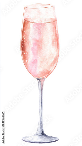 Elegant sparkling rosé champagne watercolor illustration, a hand-painted pink drink in a flute glass, ideal for celebration.
