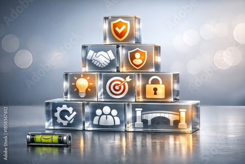 Constructing a Secure Framework for Success with Transparent Blocks Symbolizing Trust Partnership Innovation and Strategic Focus captured with clarity