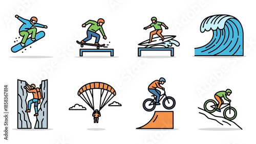Collection of extreme sports and adventure icons.