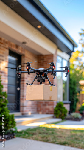 high-tech delivery drone carrying a small cardboard packag