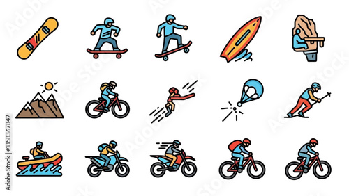 Collection of extreme sports and outdoor activity icons.
