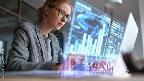 Focused female financial analyst wearing glasses studies digital stock market graphs and data displayed on her laptop in modern office environment