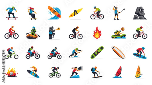 Collection of extreme sports and outdoor activity icons.