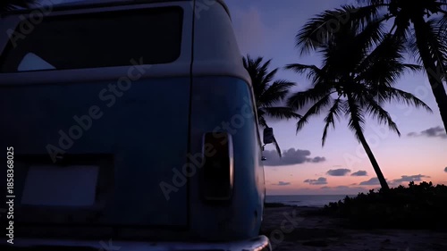 Vintage Van Parked on Tropical Beach at Sunset with Palm Trees and Ocean View.