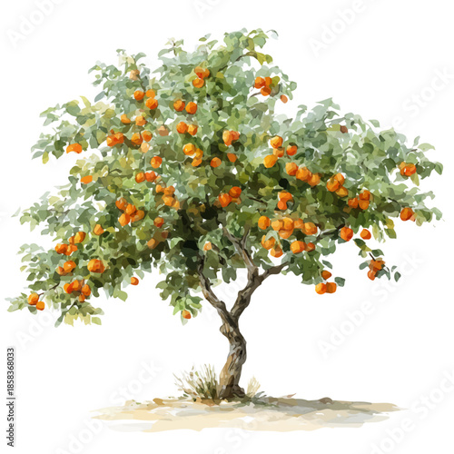 Apricot Tree watercolor vector, hand-painted style, high-quality illustration isolated on white background.