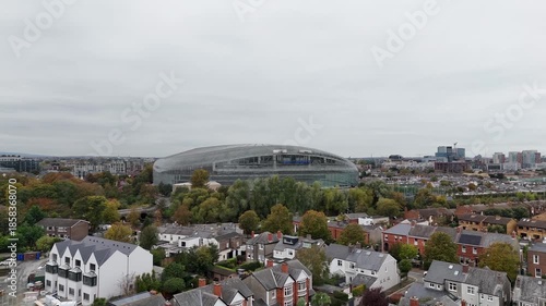 Aerial View of Dublin, Ireland. Downtown Buildings on Cloudy Day. Drone Shot