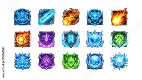 Collection of fantasy game icons representing different elements and powers.