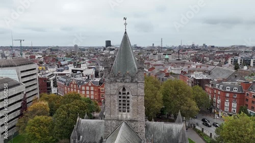 Aerial View of Dublin, Ireland. Downtown Buildings on Cloudy Day. Drone Shot