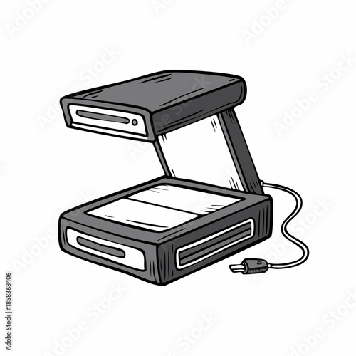 A black and white illustration of a document scanner on a white background