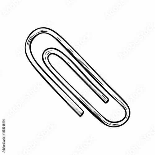 A simple black and white illustration of a paperclip on a plain white background viewed from a slight angle.