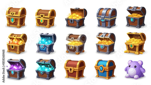 Collection of fantasy treasure chests filled with gold and jewels.