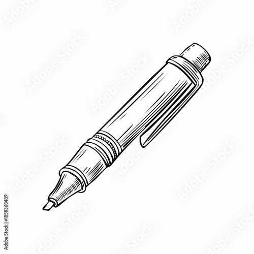 A detailed illustration of a pen on a plain white background viewed from a slight angle