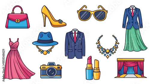 Collection of fashion accessories and clothing items.