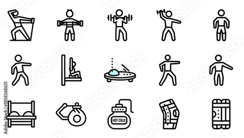 Collection of fitness and exercise icons representing various activities and equipment.