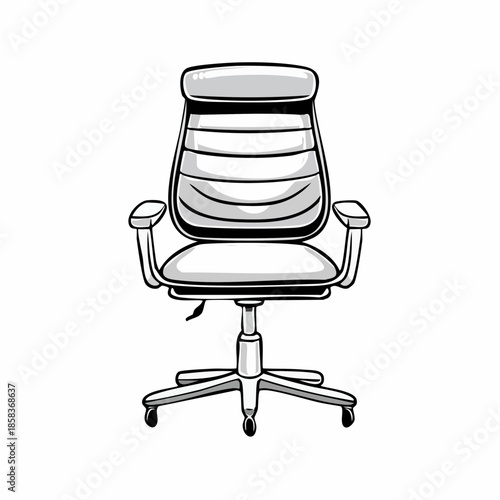 A black and white illustration of a modern office chair with wheels and armrests.