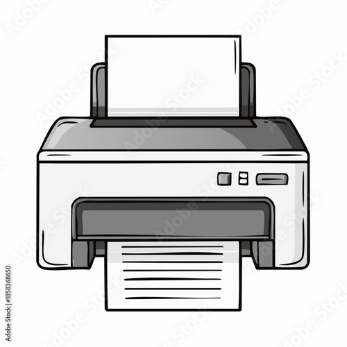 A simple, stylized illustration of a modern inkjet printer with paper loaded and printing.