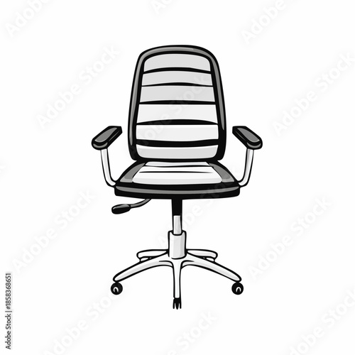 A black and white illustration of an ergonomic office chair with wheels and armrests.