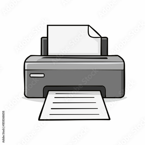 A simple, clean illustration of a gray printer with paper being fed in and printed out.