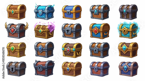 Collection of fantasy treasure chests with various designs and colors.