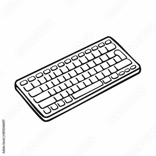 A black and white line drawing of a compact computer keyboard, viewed from a slight angle.