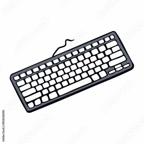 A black computer keyboard with a wire is shown from a top-down perspective on a white background.
