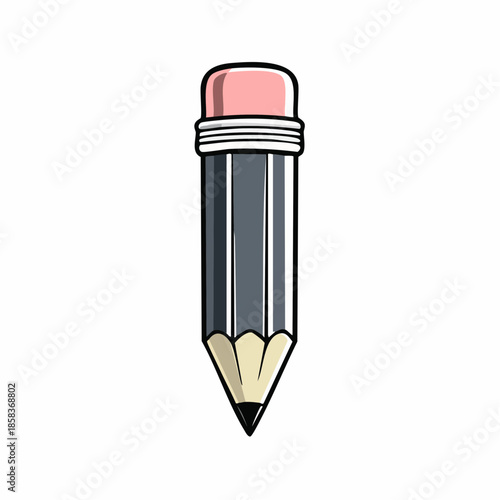 A short grey pencil with a pink eraser and a sharpened tip, ready for writing or drawing.