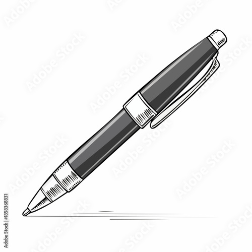 A detailed black and silver ballpoint pen with a clip, shown at an angle with a subtle shadow.