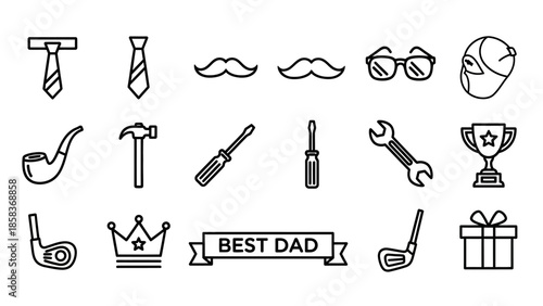 Collection of Fathers Day themed outline icons for celebration.