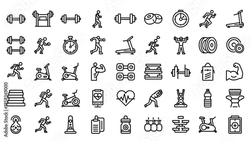 Collection of fitness and gym icons representing exercise and healthy lifestyle.