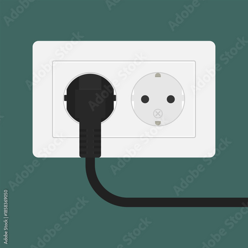 Double electric wall socket with black power plug. Vector illustration for content regarding household energy consumption, electrical safety, home renovation, and power supply