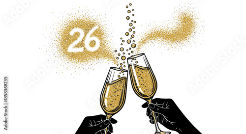 Two hands clinking elegant champagne flutes filled with bubbly golden liquid, celebrating a significant 26th anniversary or milestone event with festive glitter.