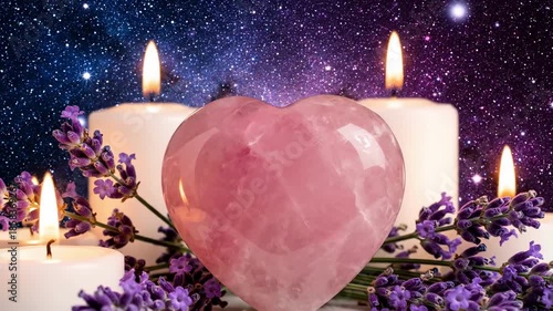 Pink rose quartz heart with burning candles and lavender flowers on starry space background
