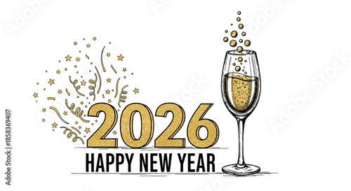 A festive illustration celebrates the 2026 New Year with elegant golden numbers, sparkling confetti, and a classic champagne glass filled with effervescence.