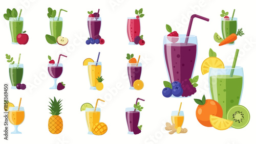 Collection of Fresh Fruit Juices and Smoothies in Glasses.