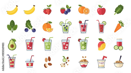 Collection of fresh fruits and healthy drinks icons.