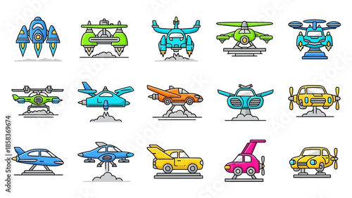 Collection of futuristic cartoon vehicles and aircraft.