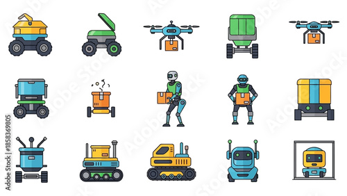 Collection of futuristic delivery robots and drones.